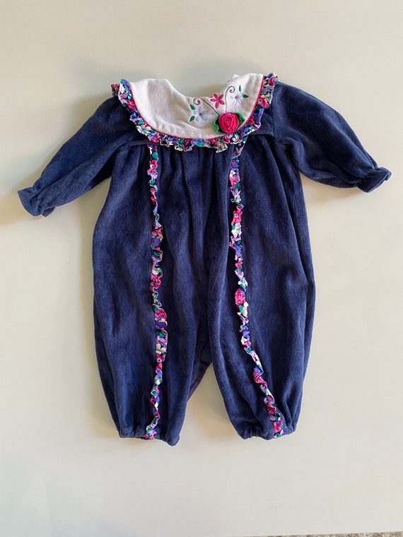 Vintage Navy Blue Velour Romper with Floral Detail