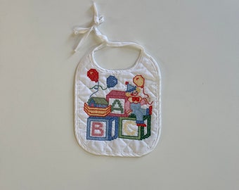 Vintage Handmade Needlepoint Baby Bib ABC Blocks Clown Balloons Colorful Baby Gift Baby Burp Cloth with Needle Pooint