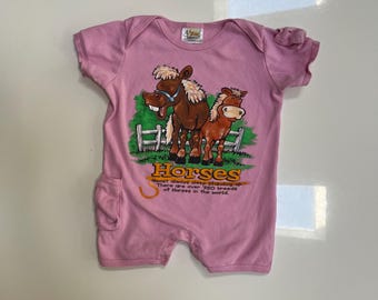 Vintage Pink Short Sleeve Shortall Romper All About Horses Country Girl Little Cowgirl Hee Haw Hay is for Horses 90s Baby Girl Southern Girl