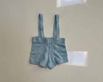 Vintage Blue Knit Baby Shorts with Suspenders and Button Straps Pastel Blue Mid Century Dapper Baby Boy Style MCM Baby Boy Knit Knickers