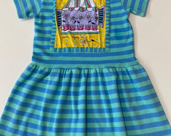 Vintage Tee Shirt Dress Short Sleeve Loose Fit in Cotton Jersey Blue and Mint Green Stripes Yellow Daisy by Vintage Honors Brand for Girls