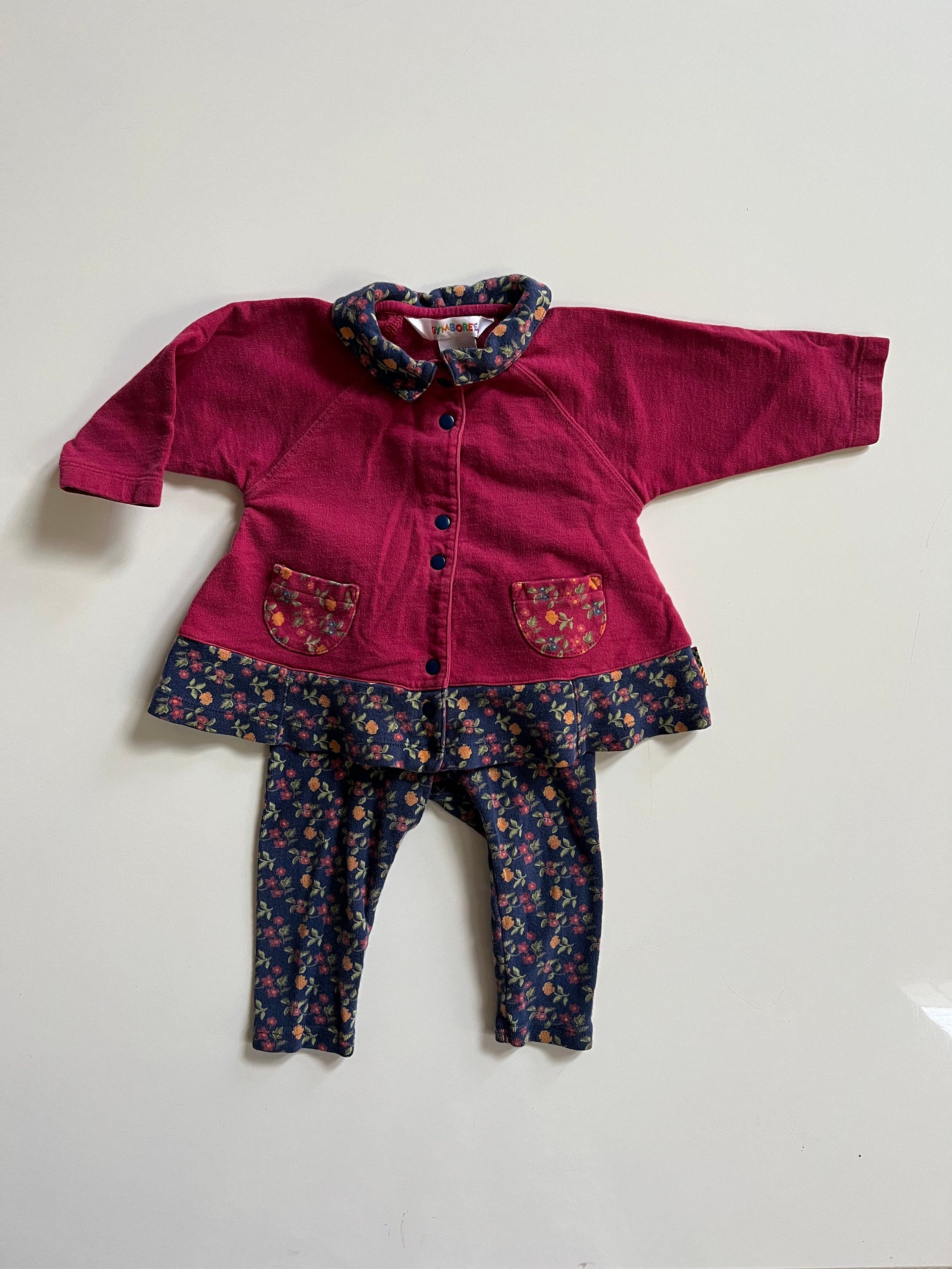 Vintage Gymboree Lounge Set Baby Girl All Cotton in Burgundy and Navy Blue  Leggings and Long Sleeve Shirt Orange and Pink Roses Winter Baby 