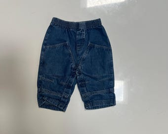 Vintage Cotton Y2K Baby Jeans Cargo Style Pocket Stitch Unique Dark Blue Jeans Baby Fall Winter Pants Elastic Waist