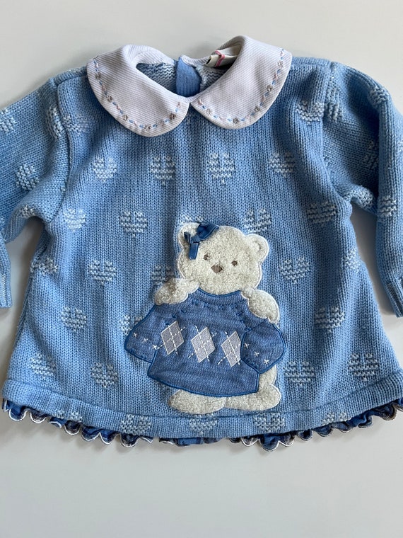 Vintage Blue Knit Sweater with White Hearts Blue … - image 2