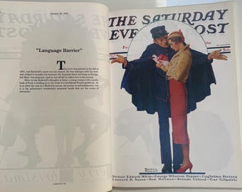 May include: An open magazine page featuring a Norman Rockwell illustration titled Language Barrier. The artwork depicts a French gendarme in a dark blue cape and a woman in a tan coat and red skirt looking at a guidebook. The text includes The Saturday Evening Post.