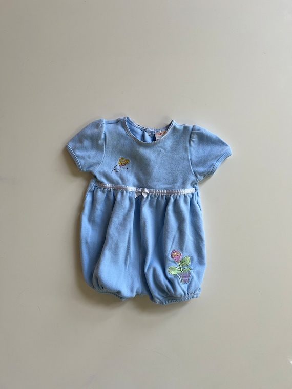 Vintage Pale Blue Bubble Romper with Butterfly and