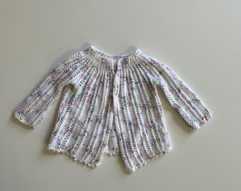 Vintage Handmade Baby Cardigan Birthday Cake Confetti with Pink and Blue and Yellow Speckles on White Swing Cardigan Toddler Spring Sweater