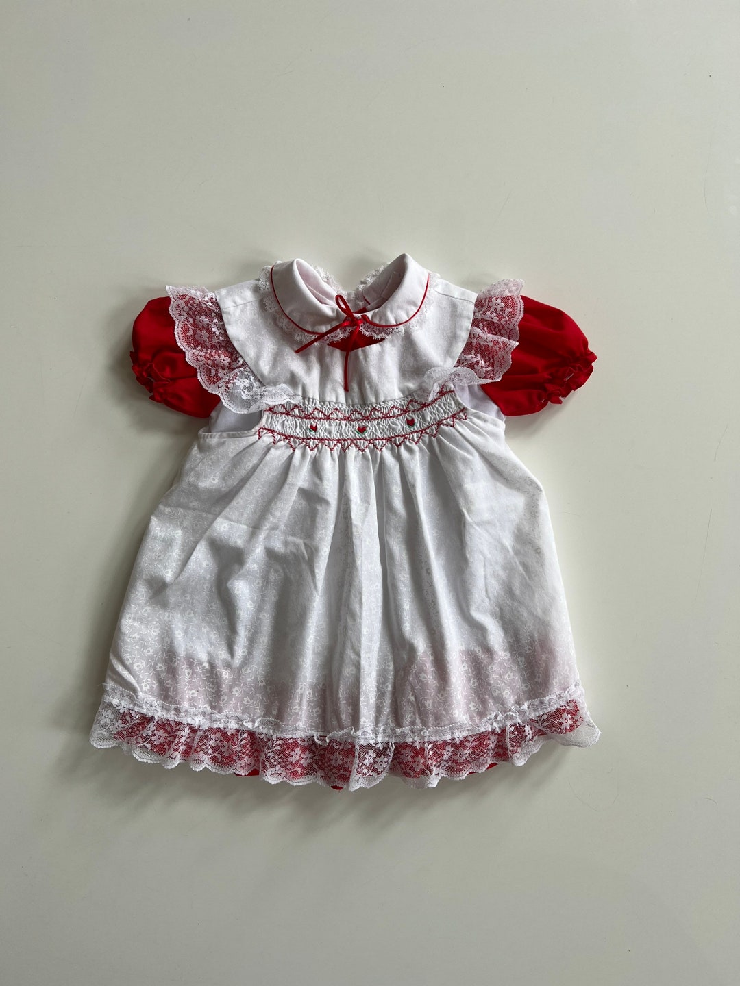 Vintage Red Valentines Day Pinafore Baby Dress With White Apron Vintage