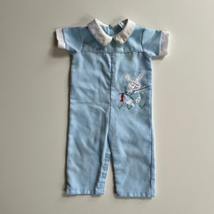 Vintage Easter Bunny Jumpsuit Baby Boy Blue Romper Easter Baby Boy Bunny Outfit Jon Jon Romper Blue Clothes Baby Boy Short Sleeve Coverall