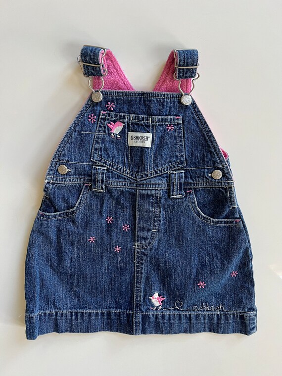 Vintage Osh Kosh Denim Jumper Dress with Pink Flee