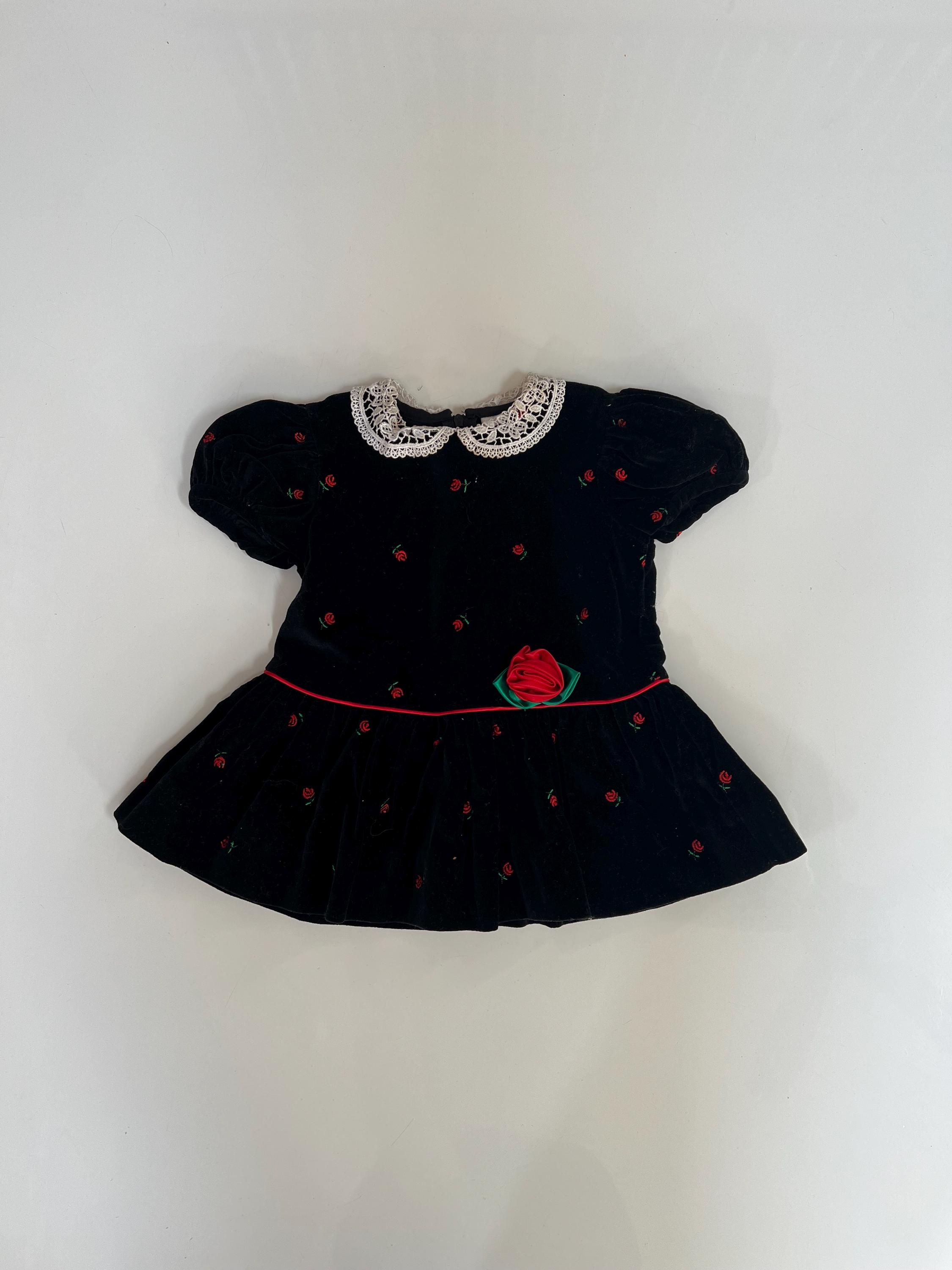 Black Velvet Baby Dress Vintage Black Velvet Baby Dress With Red Rose  Embroidery Drop