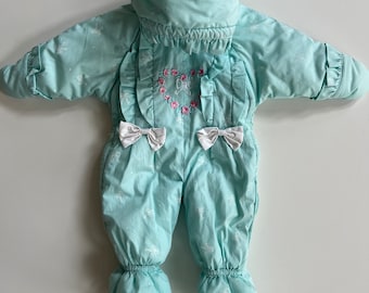 Vintage Baby Snowsuit Light Blue Turquoise With Bows and Rose Heart Detail Robins Egg Blue Snow Suit Baby Girl Coat Winter Ruffles Girl