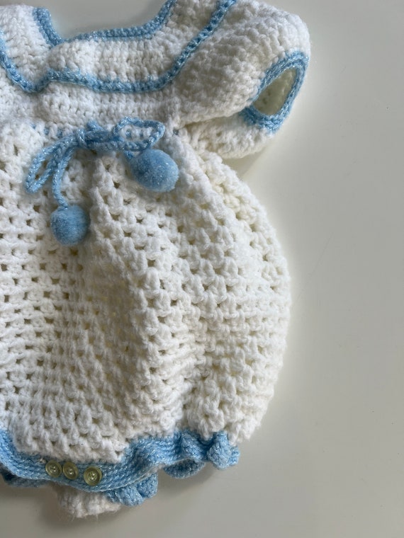 Vintage Handmade Crochet Knit Romper Baby White C… - image 4