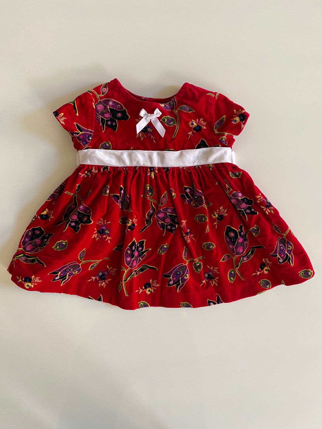 Vintage Red Velvet Baby Dress With Purple Pink and Green Floral Pattern