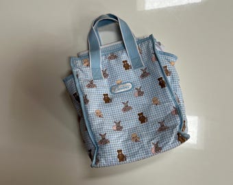Vintage Carters Diaper Bag Satchel Blue Gingham Nylon Tote Diaper Bag from Carters Baby with Bears Bunnies and Puppies with Changing Mat