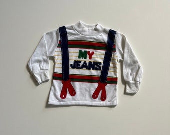 Vintage Long Sleeve Tee Jeans and Suspenders Printed by Montgomery Ward Toddler Boy Tee Vintage Retro My First Jeans Tee with Suspender