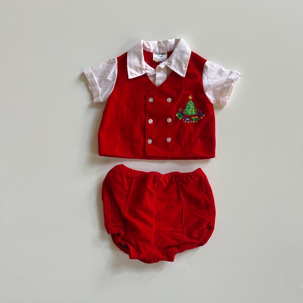 Vintage Red Velveteen Christmas Outfit for Baby Boy with Bloomers and Button Down Shirt with Christmas Tree First Christmas Baby Boy Holiday