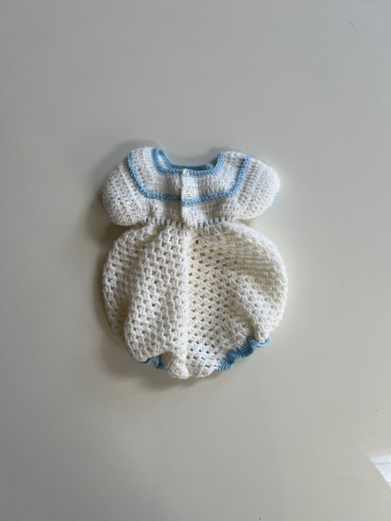 Vintage Handmade Crochet Knit Romper Baby White C… - image 7