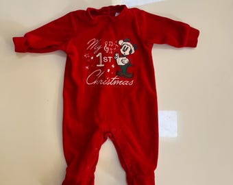 Vintage Y2K Disney Babys First Christmas Mickey Mouse Red Velour Soft Footie One Piece Romper Baby First Christmas Outfit Red Velvet Baby