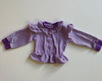 Vintage Healthtex Long Sleeve Purple and White Striped Long Sleeve Shirt with Ruffle sleeves and Skirted Hem Purple Baby Girl Shirt Sleeved