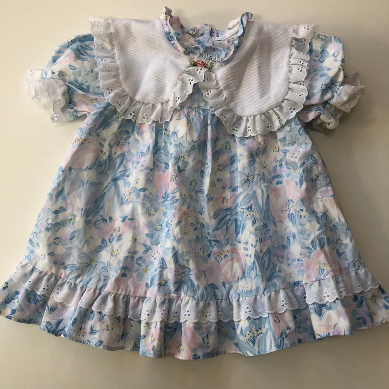 Vintage Blue and Pink Floral Dress by Evy with Lacey Collar