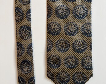 Vintage Mens Silk Tie Gold with Blue Disc Print by Donna Karan New York DKNY Tie Menswear Dress Black Tie Event Wide Tie 90s Tie