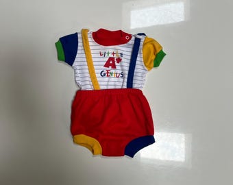 Vintage 80s Baby Boy Primary Colors Retro Summer Set Little A+ Genius Baby Red Blue Yellow Green Color Block Baby outfit Smarty Pants