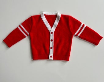 Vintage Red Acrylic Knit Varsity Cardigan with Red Buttons and White Stripes Red Sweater Baby Boy Primary Colors Cardigan Preppy Baby Boy