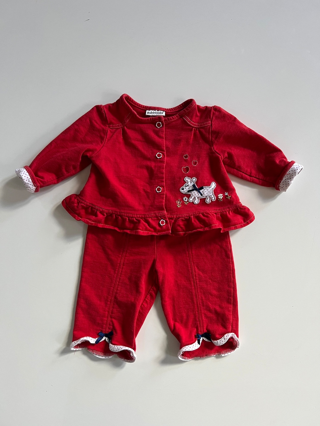 Vintage Red Sweats Baby Girl Sweat Suit Puppy Button up Red Cardigan