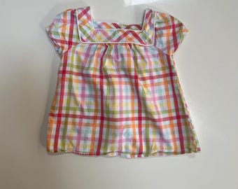 Vintage Gymboree Pink Orange Green Sorbet Color Plaid Cotton Blouse Square Collar 6X Girl Cotton Plaid Blouse Pink Pastel Lemonade Fair Fun
