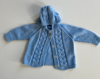 Vintage Handmade Blue Cardigan Knit Blue Sweater Baby Swing Cardigan with Hood Handmade Sweater Baby Blue