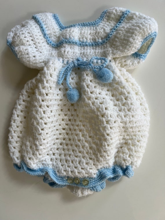 Vintage Handmade Crochet Knit Romper Baby White C… - image 2