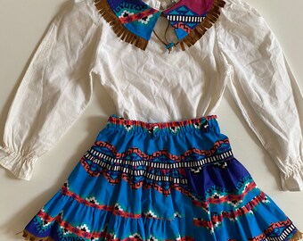 Vintage Western Skirt and Blouse Set Toddler Girl Blue Southwestern Fringe Blouse and Skirt Rodeo Girl Outfit 5T