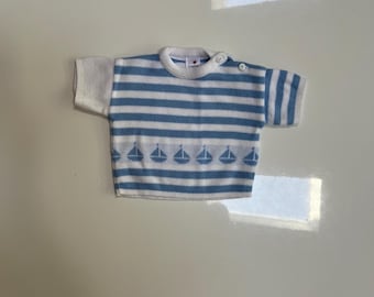 Vintage Short Sleeve Sweater Blue and White Nautical Stripe Acrylic Knit Pullover with Sailboat Motif and Sailboat Buttons by Ladybird