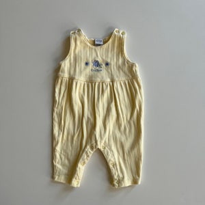 Vintage OshKosh Yellow Cotton Coverall Footless Cotton Overall Pastel Yellow Ribbed with Pale Blue Floral Embroidery on Chest Osh Kosh Baby