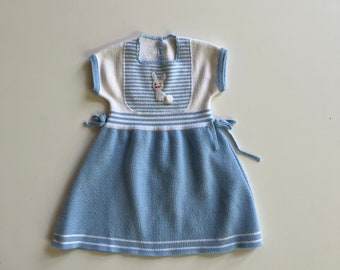 Vintage Knit Sweater Dress Baby Girl Short Sleeve Knit Blue Dress with Bunny Preppy Baby Girl Classic Sky Blue Baby Dress