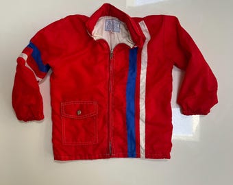 Vintage Toddler Wind Breaker 70s 80s aretro Cool Kid Big Movie Style American Boy Red White Blue Race Stripe Nylon Spring Coat hood in zip