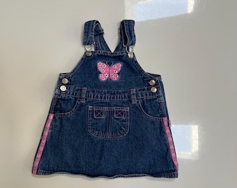 Vintage Denim Overall Skirt Dress Denim Jumper 90s Baby Girl Jean Dress Overall Dress with Pink Stitching Pink Embroidered Butterfly Floral
