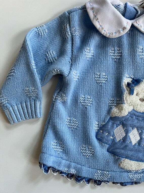 Vintage Blue Knit Sweater with White Hearts Blue … - image 5