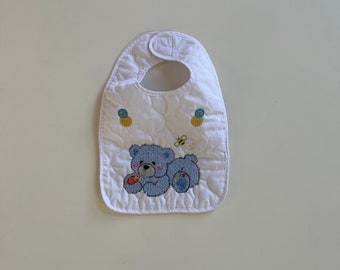 Vintage Handmade Needlepoint Bib Blue Bear Baby Bib Baby Burp Cloth Handmade Baby Gifts