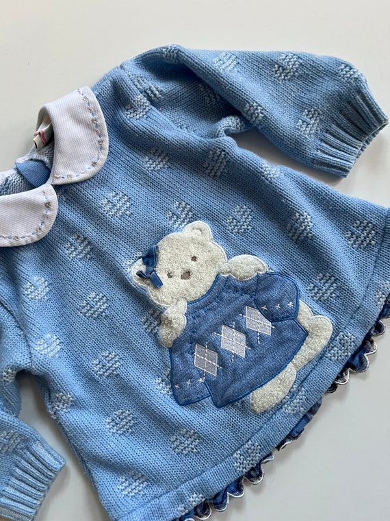 Vintage Blue Knit Sweater with White Hearts Blue … - image 6