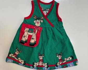 Vintage Handmade Apron Dress Toddler Girl Christmas Dress Green Red Daisy Kingdom Christmas Print Reindeer Holiday Cotton Dress