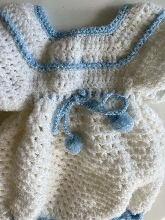 Vintage Handmade Crochet Knit Romper Baby White C… - image 6