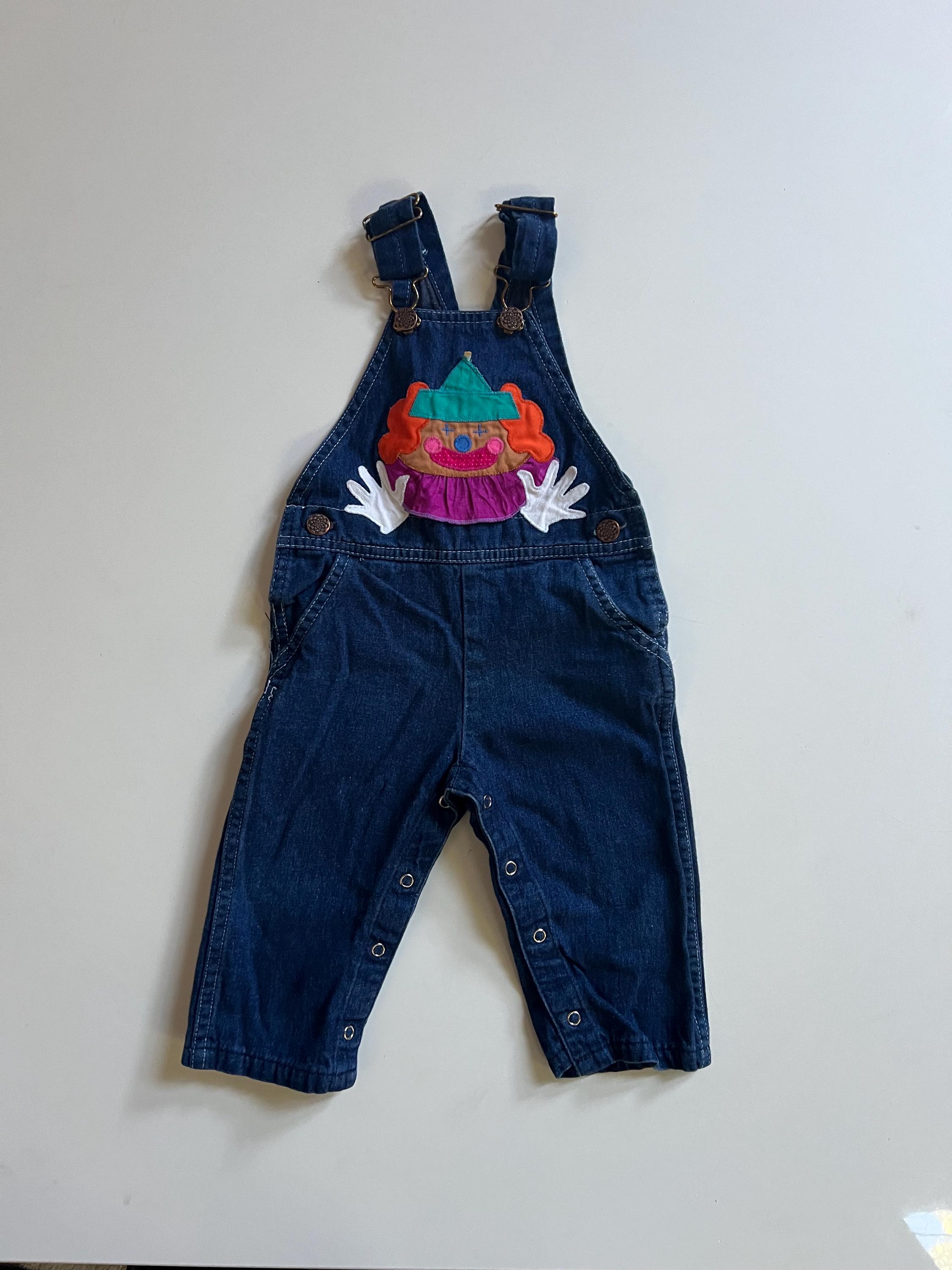 Vintage Dark Denim Overalls Toddler With Clown on Bib Cute Kids 