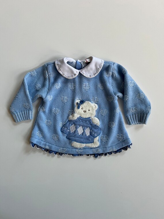 Vintage Blue Knit Sweater with White Hearts Blue … - image 1