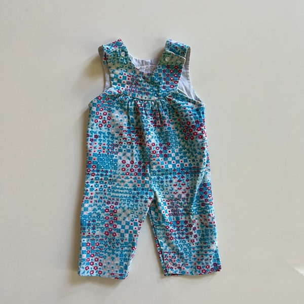 Vintage Blue Corduroy Overalls with Pink Floral Patch Turquoise and Pink Floral Square Design Corduroy Overalls Baby Girl 12 Months