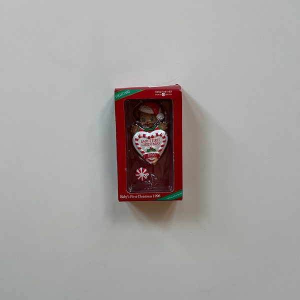 Vintage Babys First Christmas Ornament Mouse in a Peppermint Heart Moveable Peppermint Interactive Baby First Christmas Carlton Cards 1996