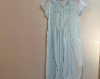 Vintage All Cotton Porch Dress Cottage Core Coastal Cool Gown Indian Cotton Pale Blue Teal Ice  Blue Tank Sleeve Summer Breeze Dress Cloud