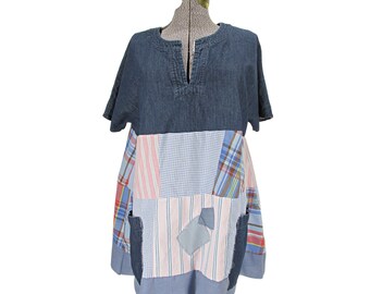 Handmade Upcycled Denim Tunic, Patchwork Top, Plus Size Clothing, Womens Shirt, Raglan Sleeves, Generous Front Patch Pockets, Woven Fabric