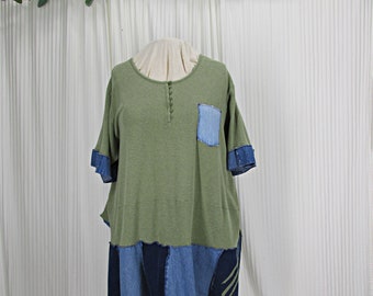 Plus Size 5x Tunic Womens Size 32 Jersey Knit/Denim Green Blue